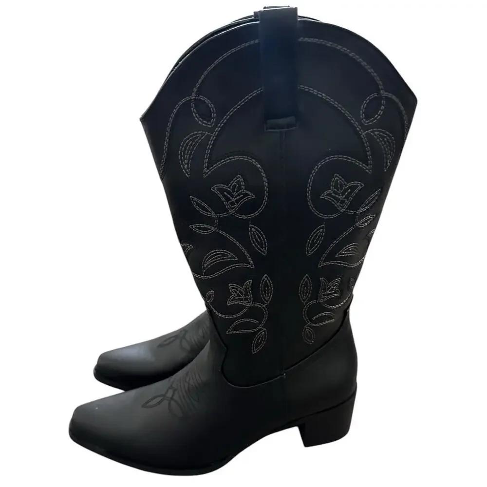 IUV Women’s Size 10 Black Leather Cowboy Cowgirl Boots Embroidered Pointy Toe